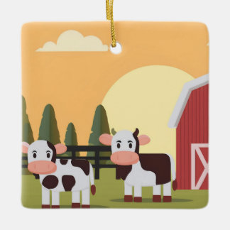 Two Cows and a Red Barn at Sunset Christmas Keramikornament