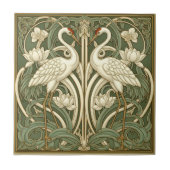 Two Cranes Art Nouveau Pat#10 Olive Ivory ID1193 Fliese (Vorderseite)