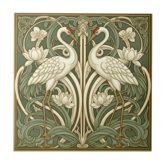 Two Cranes Art Nouveau Pat#10 Olive Ivory ID1193 Fliese (Vorderseite)