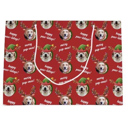 Two Dog Photo Reindeer Antler Merry Christmas Red Große Geschenktüte (Vorderseite)