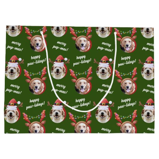 Two Dog Photo Reindeer Merry Christmas Green Große Geschenktüte (Rückseite)