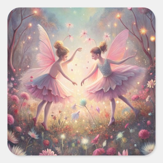 Two Fairies in Fairy Garden Quadratischer Aufkleber (Vorderseite)