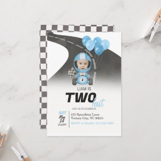 Two Fast Blue Race Car Custom Photo 2nd Birthday Einladung