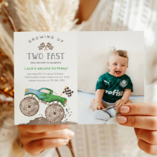 Two Fast Green Monster Truck Birthday Photo Einladung
