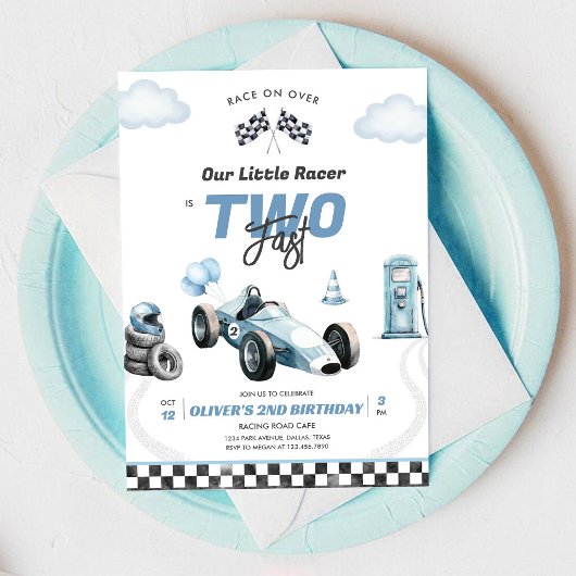 Two Fast Race Car Boy 2nd Birthday Invitation Einladung