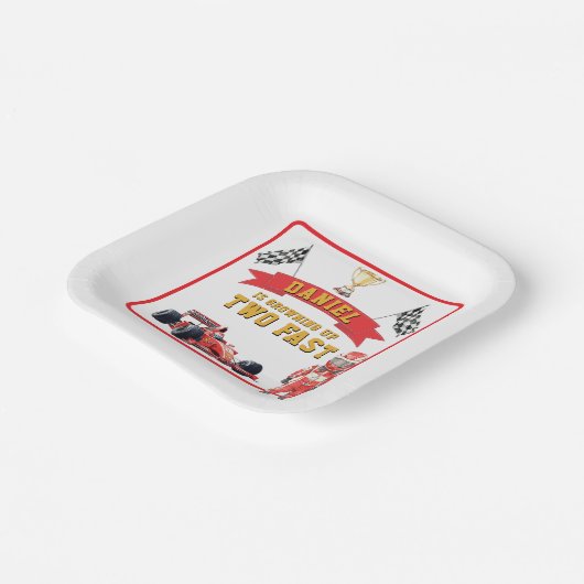 Two Fast Race Car Checkered Flag Birthday Pappteller (Gewinkelt)
