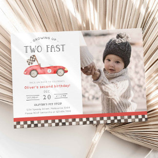 Two Fast Red Race Car 2nd Birthday Photo Einladung