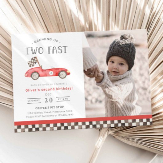 Two Fast Red Race Car 2nd Birthday Photo Einladung