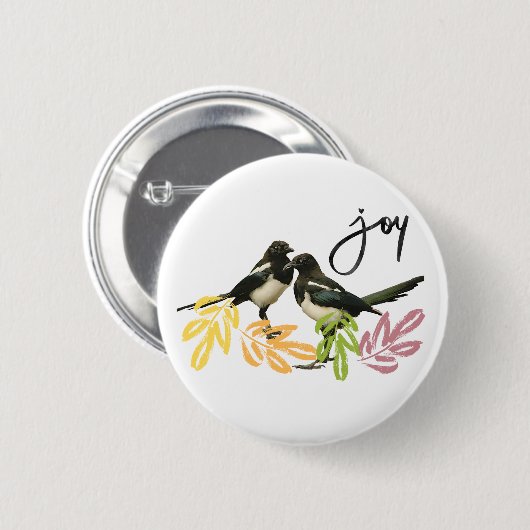 "Two for Joy" 2 Magpies mit Blumenakzent Button (Vorne & Hinten)