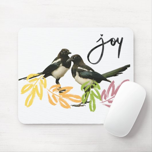 "Two for Joy" Zwei Magpies mit floralen Akzenten Mousepad (Mit Mouse)