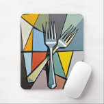 Two Forks on Geometric Abstract Background Mousepad<br><div class="desc">Two forks elegantly crossed over one another create a striking focal point against a vibrant geometric abstract background</div>
