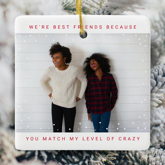 Two Foto von Bold Red Best Friend Snowfall Holiday Keramikornament