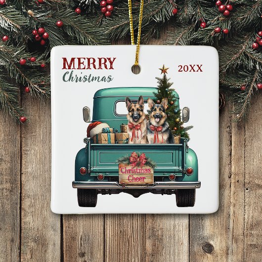 Two German Shepherd Dogs Retro Truck Christmas Keramikornament