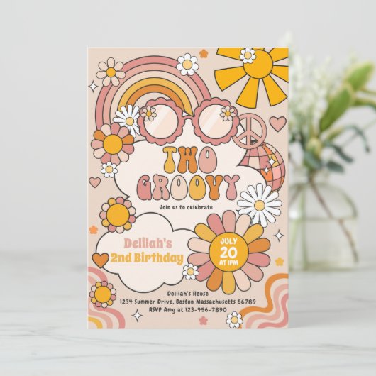 Two Groovy 70s Flower Power Rainbow Birthday Party Einladung (Stehend Vorderseite)