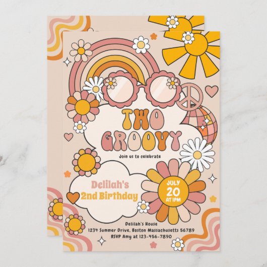 Two Groovy 70s Flower Power Rainbow Birthday Party Einladung (Vorne/Hinten)