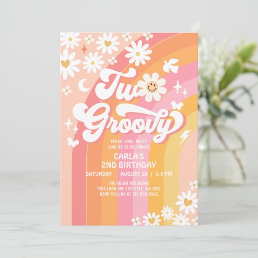 Two Groovy Birthday Daisy Hippie Birthday Einladung (Stehend Vorderseite)