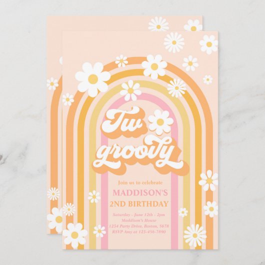 Two Groovy Boho Daisy Rainbow 2. Party Einladung (Vorne/Hinten)
