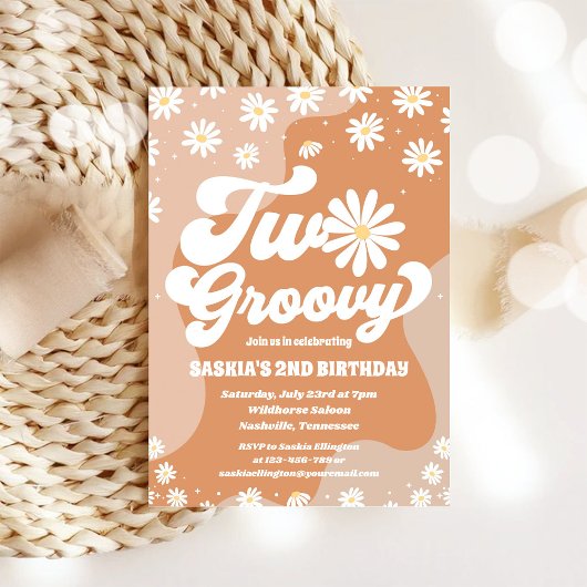 Two Groovy Retro Daisy 2nd Birthday Invitation Einladung