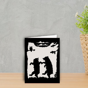 Two Happy Dancing Bears Owl Trees Black Silhouette