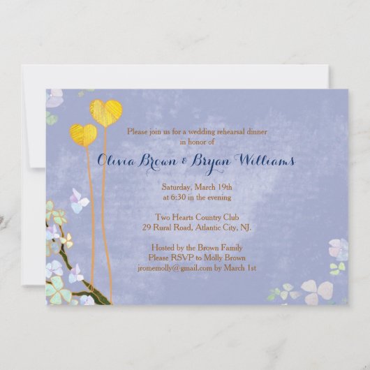 Two Hearts Blue Wedding Probe Dinner Einladung (Rückseite)