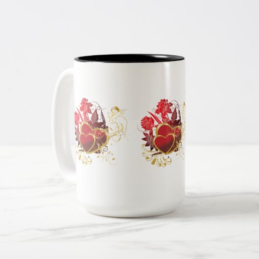 Two Hearts Bouquet Zweifarbige Tasse (Vorderseite Links)