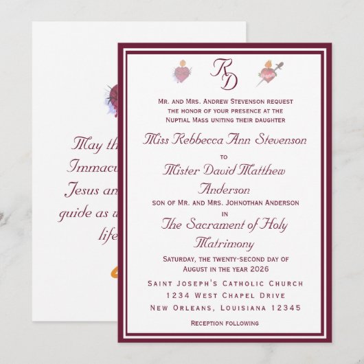 Two Hearts Burgundy Catholic Wedding Invitation Einladung (Vorne/Hinten)