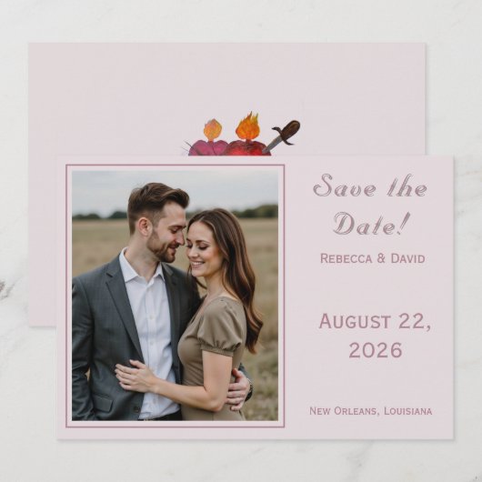 Two Hearts Catholic Flat Save The Date Card (Vorne/Hinten)
