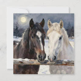 Two Horses on a Snowy Farm | Blank Karte