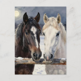 Two Horses on a Snowy Farm | Keeping in Touch Postkarte