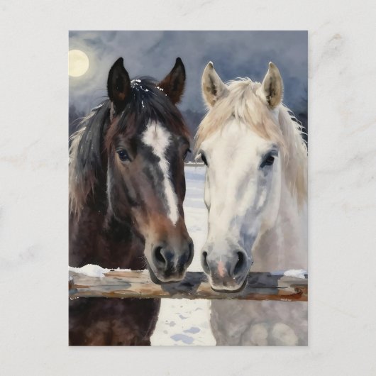 Two Horses on a Snowy Farm | Keeping in Touch Postkarte (Vorderseite)