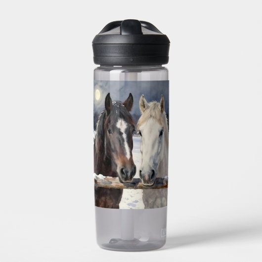 Two Horses on a Snowy Farm | Personalized Trinkflasche (Vorderseite)