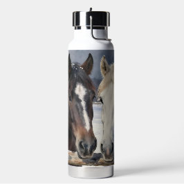 Two Horses on a Snowy Farm | Personalized Trinkflasche