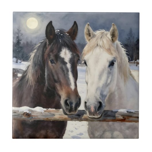 Two Horses on a Snowy Farm Under the Moon Fliese (Vorderseite)
