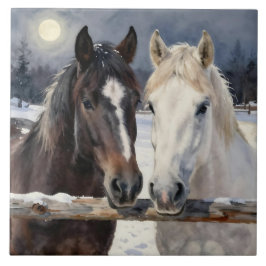 Two Horses on a Snowy Farm Under the Moon Fliese