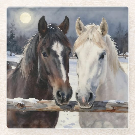 Two Horses on a Snowy Farm Under the Moon Glasuntersetzer (Vorderseite)
