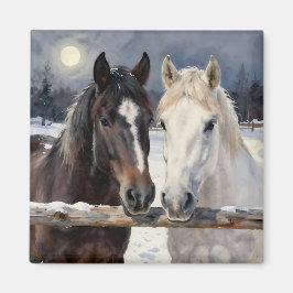 Two Horses on a Snowy Farm Under the Moon Magnet