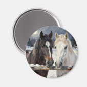 Two Horses on a Snowy Farm Under the Moon Magnet (Vorderseite/Rückseite)