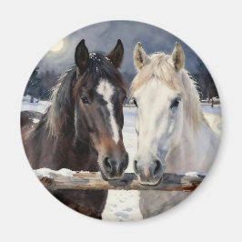 Two Horses on a Snowy Farm Under the Moon Magnet