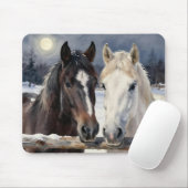 Two Horses on a Snowy Farm Under the Moon Mousepad (Mit Mouse)