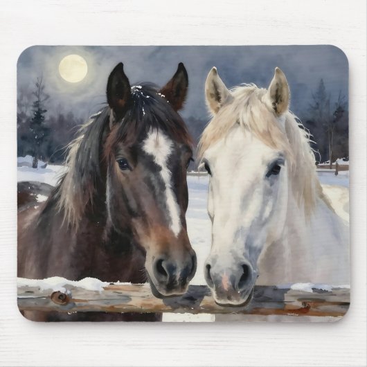 Two Horses on a Snowy Farm Under the Moon Mousepad (Vorne)