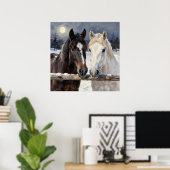 Two Horses on a Snowy Farm Under the Moon Poster (Heimbüro)