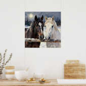 Two Horses on a Snowy Farm Under the Moon Poster (Küche)