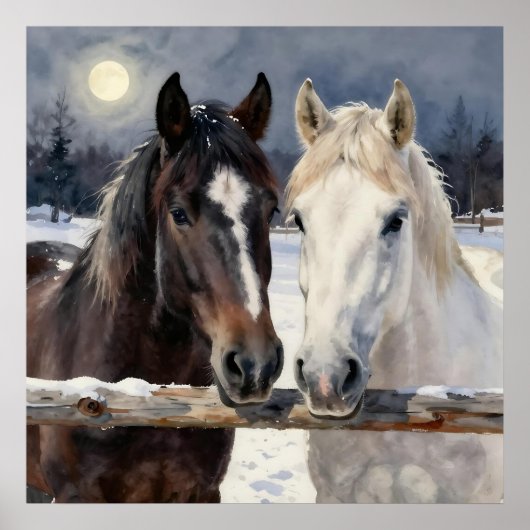 Two Horses on a Snowy Farm Under the Moon Poster (Vorne)