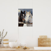 Two Horses on a Snowy Farm Under the Moon Poster (Küche)
