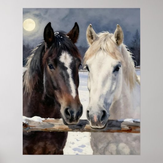 Two Horses on a Snowy Farm Under the Moon Poster (Vorne)