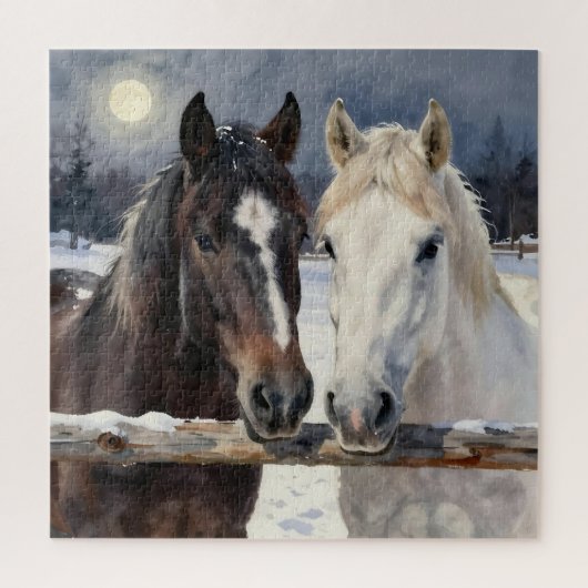 Two Horses on a Snowy Farm Under the Moon Puzzle (Vertikal)