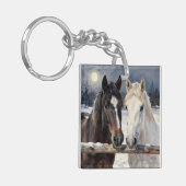 Two Horses on a Snowy Farm Under the Moon Schlüsselanhänger (Vorderseite links)