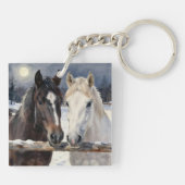 Two Horses on a Snowy Farm Under the Moon Schlüsselanhänger (Rückseite)