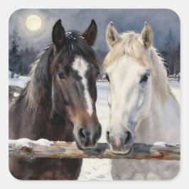 Two Horses on a Snowy Farm under the Moonlight Quadratischer Aufkleber