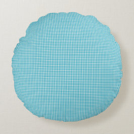 Two images of a round pillow with a blue checkered rundes kissen